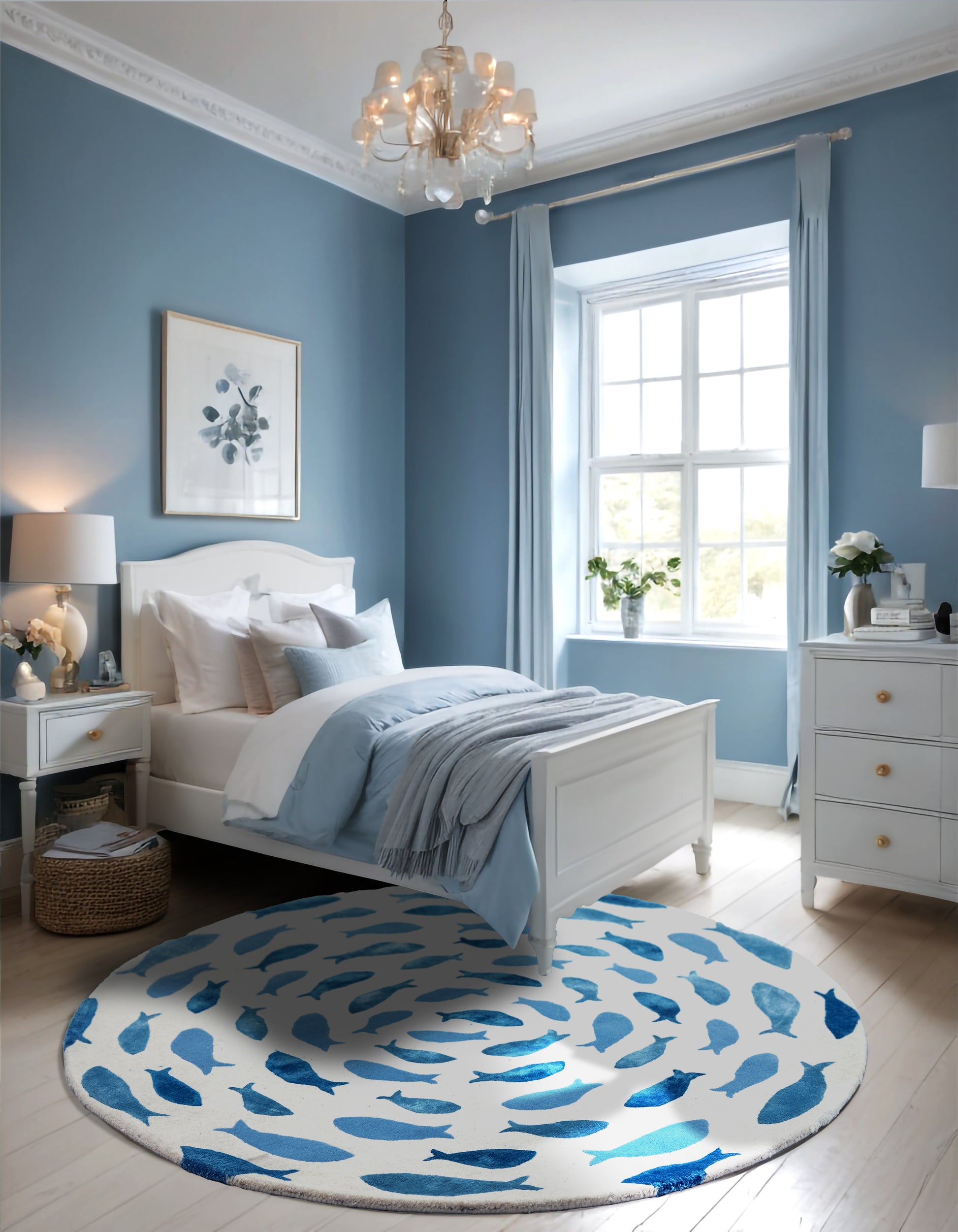 Fish Swirl Blue Rug – hand-tufted blue shaped rug by Ohana