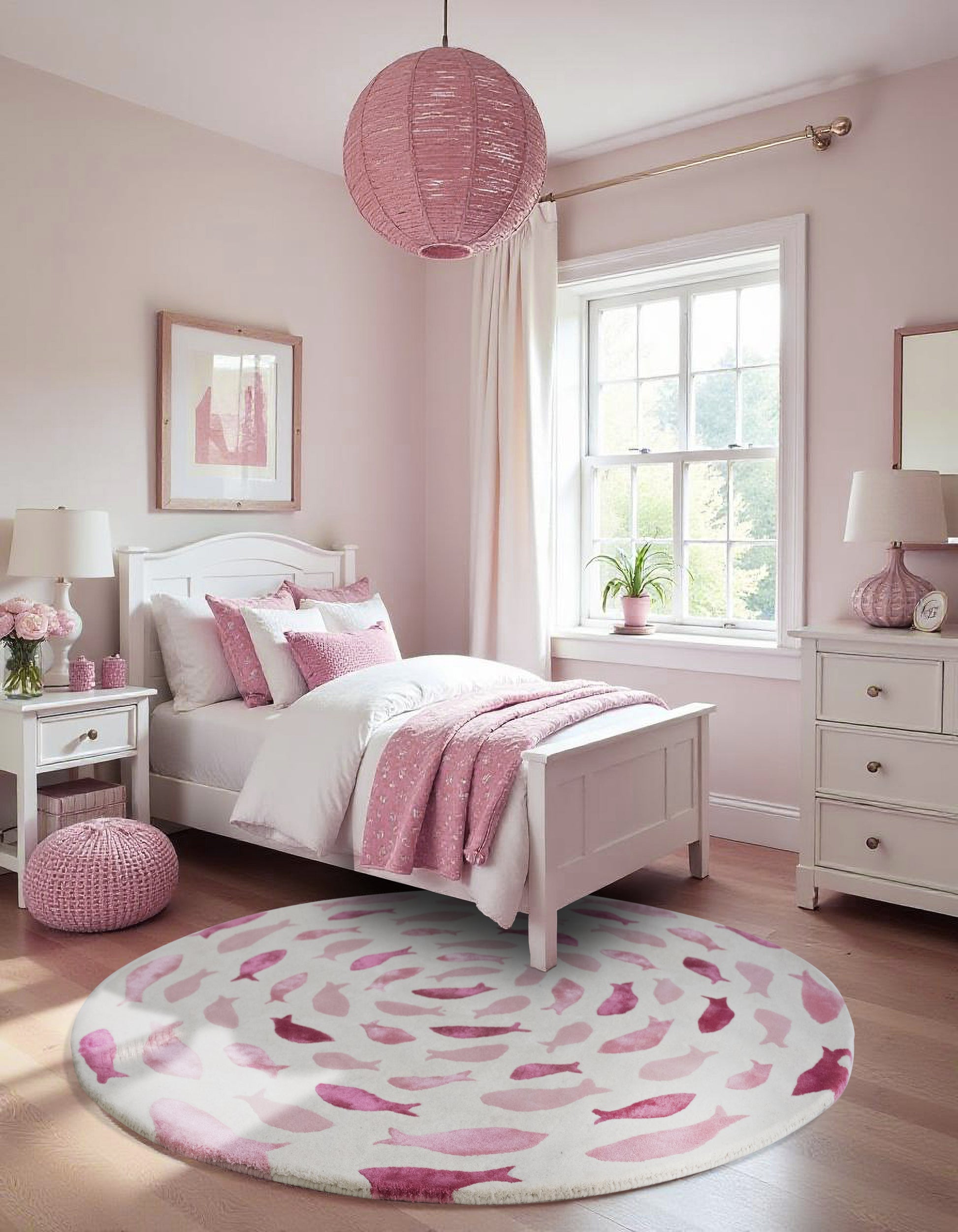 Fish Swirl Pink Rug – hand-tufted pink shaped rug by Ohana