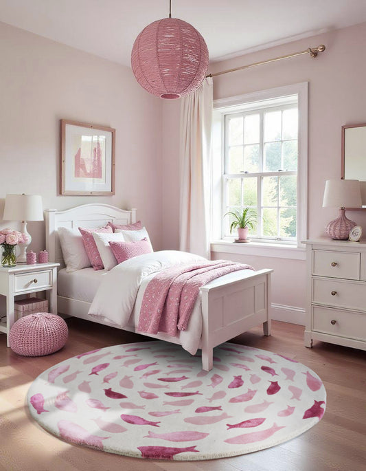 Fish Swirl Pink Rug – hand-tufted pink shaped rug by Ohana